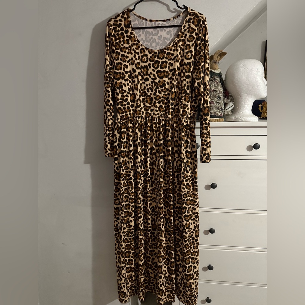Leopard Print Long Sleeve Maxi Dress - Animal Print New